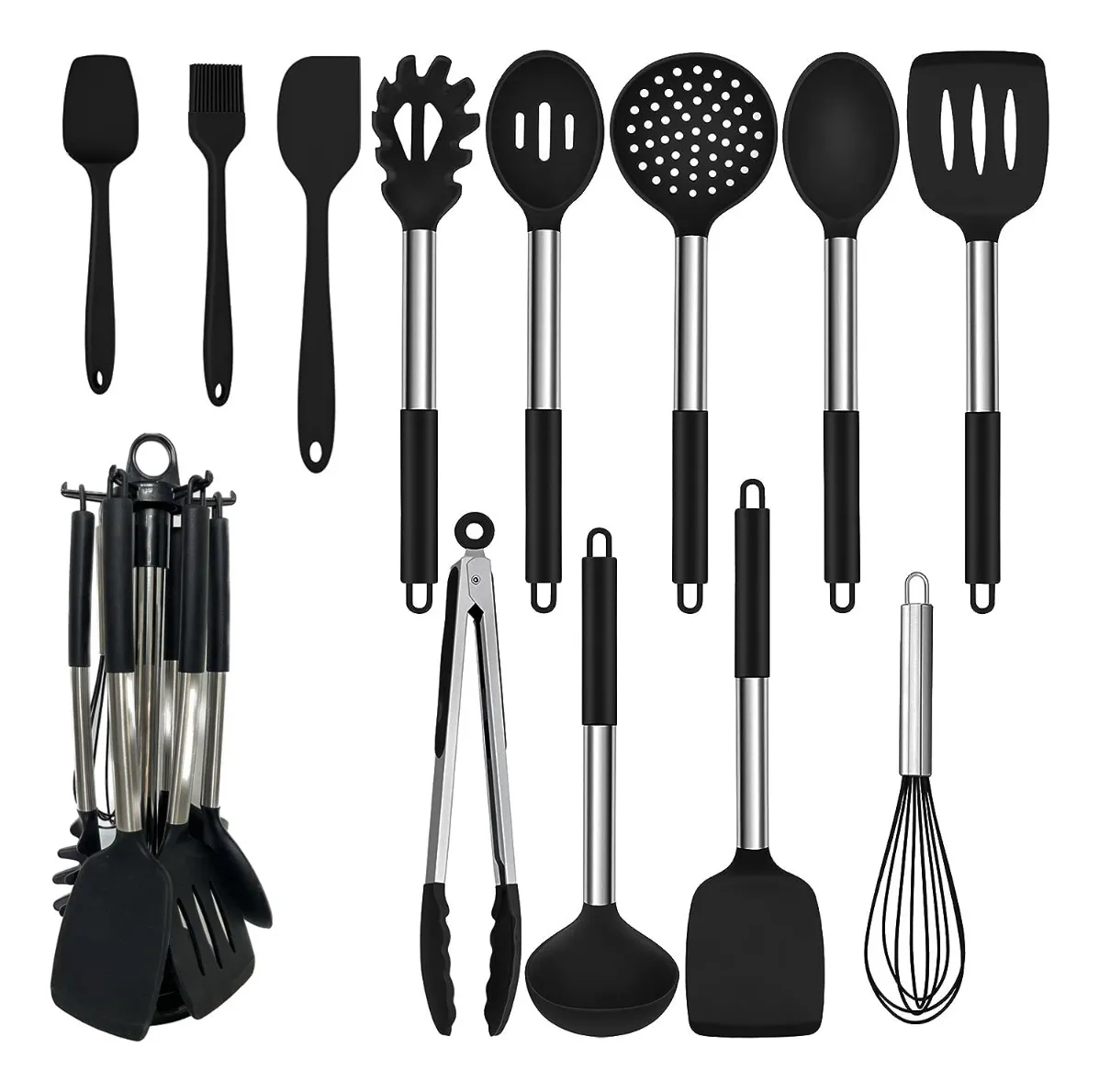 Kit Utensílios De Cozinha Com Cabo De Inox E Silicone