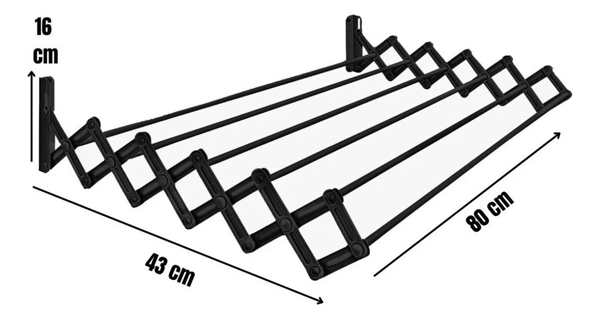 Varal De Parede Retrátil Sanfonado Lavanderia 80cm Reforçado Cor Preto